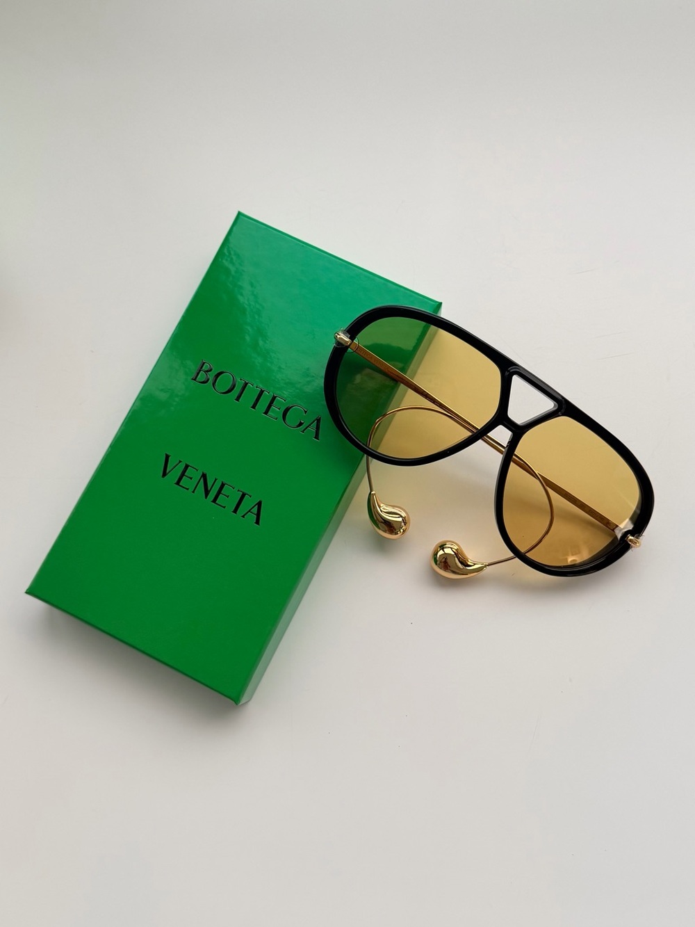 Bottega Veneta Black & Gold Aviator Sunglasses with Amber Lenses